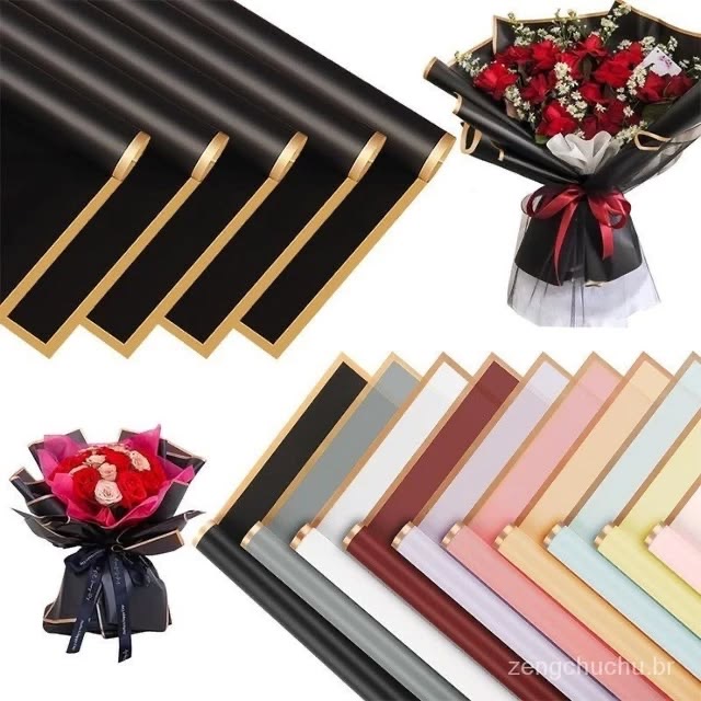 Feuilles d'emballage pour bouquets — Noir et couleurs, bordure dorée